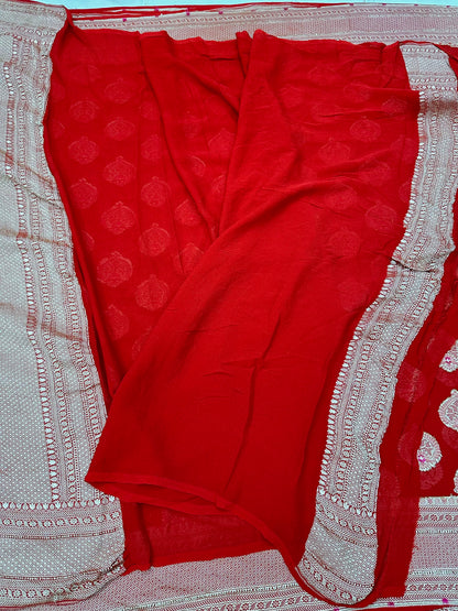 Red Pure Banarasi Chiffon Georgette Cutwork weave dyeable Saree