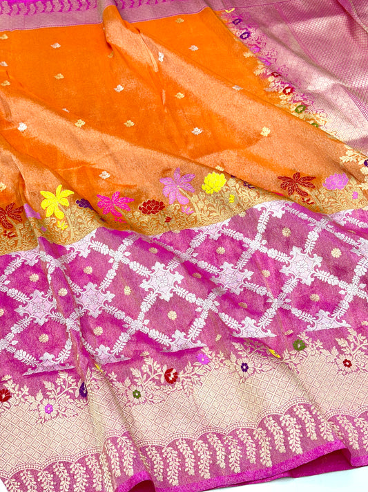 Orange & Gajri Half-Half Designer Handloom Pure Banarasi Katan by Tissue Silk Kadhwa weave Saree