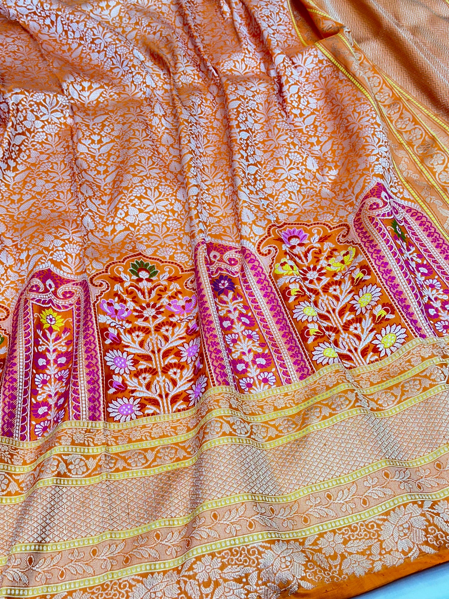 Orange Skirt Pattern Designer Handloom Pure Banarasi Katan by Katan Silk Kadhwa weave Saree