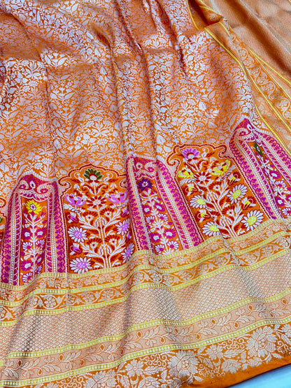 Orange Skirt Pattern Designer Handloom Pure Banarasi Katan by Katan Silk Kadhwa weave Saree