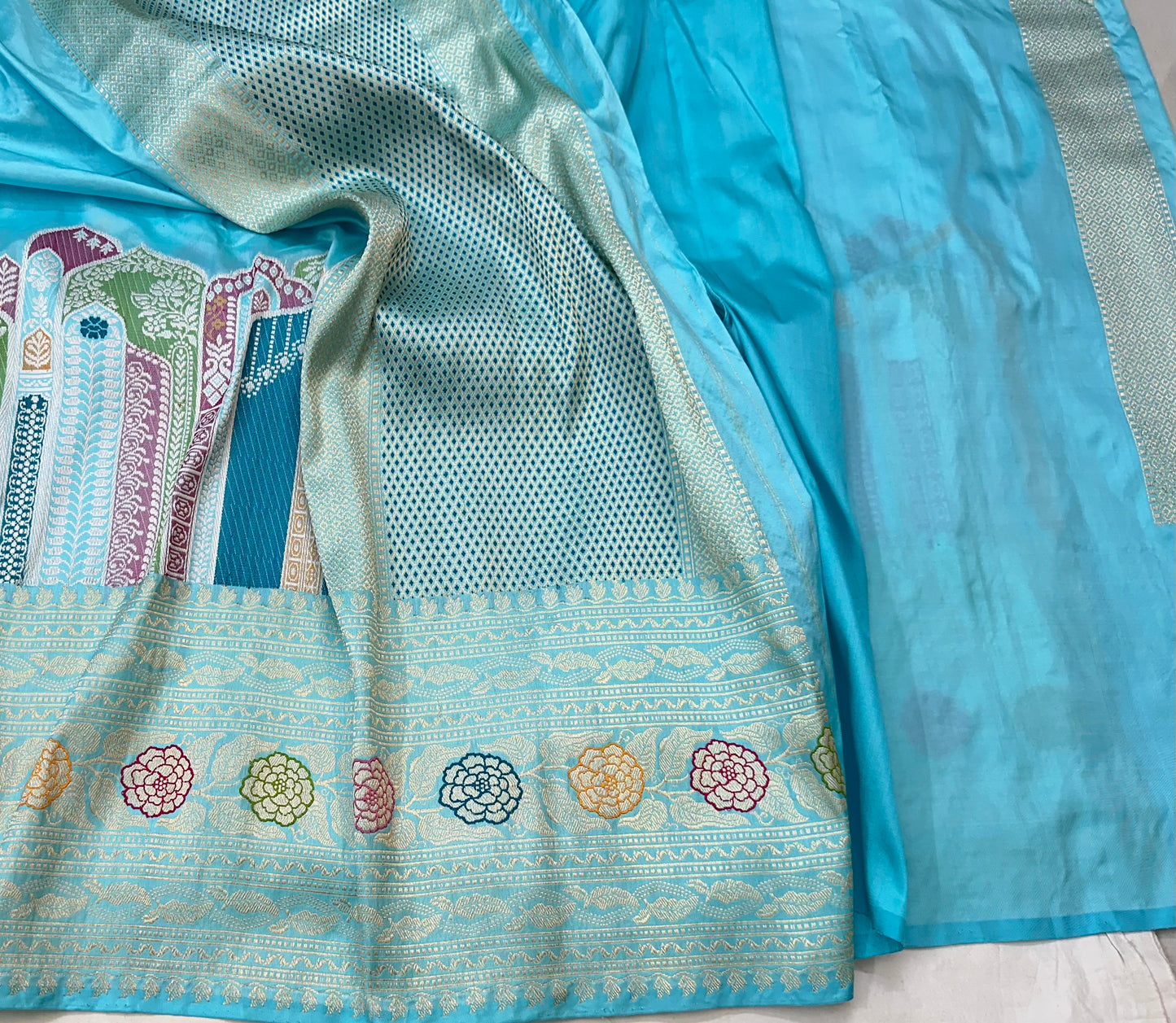 Sky Blue Skirt Pattern Designer Handloom Banarasi Katan by Katan Silk Saree