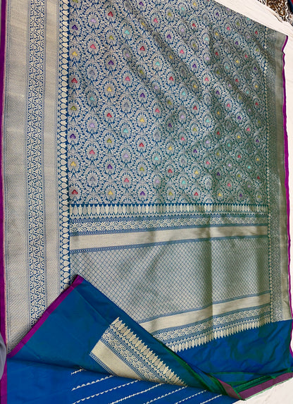 Peacock Green Designer Handloom Pure Banarasi Katan by Katan Silk Kadhwa weave Brocade Saree