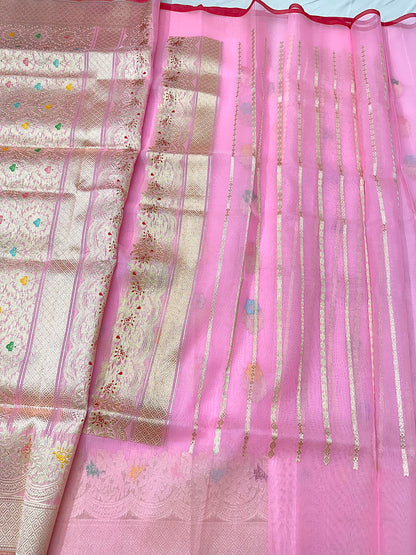 Pink Handloom Pure Banarasi Kora Organza Kadhwa Weave Saree