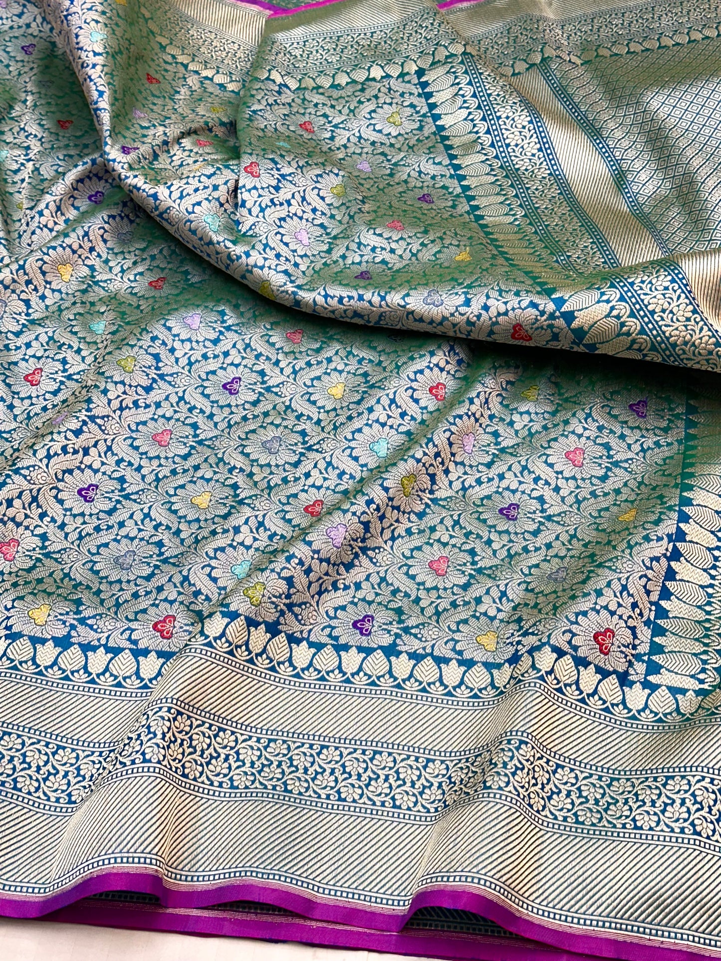 Peacock Green Designer Handloom Pure Banarasi Katan by Katan Silk Kadhwa weave Brocade Saree