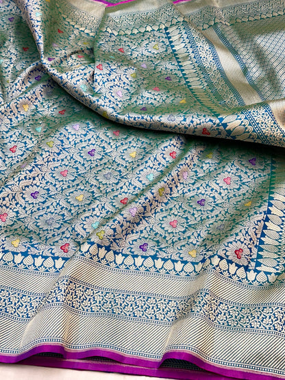 Peacock Green Designer Handloom Pure Banarasi Katan by Katan Silk Kadhwa weave Brocade Saree