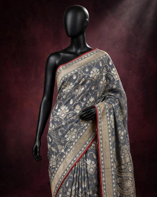 Grey Pure Banarasi Cotton Jamdani Cutwork weave Saree