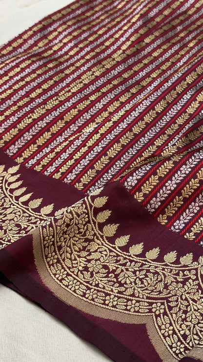 Wine Stripes Scallop border Designer Handloom Banarasi Katan by Katan Silk Saree