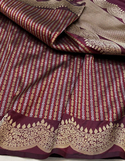 Wine Stripes Scallop border Designer Handloom Banarasi Katan by Katan Silk Saree