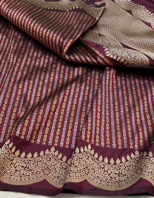 Wine Stripes Scallop border Designer Handloom Banarasi Katan by Katan Silk Saree