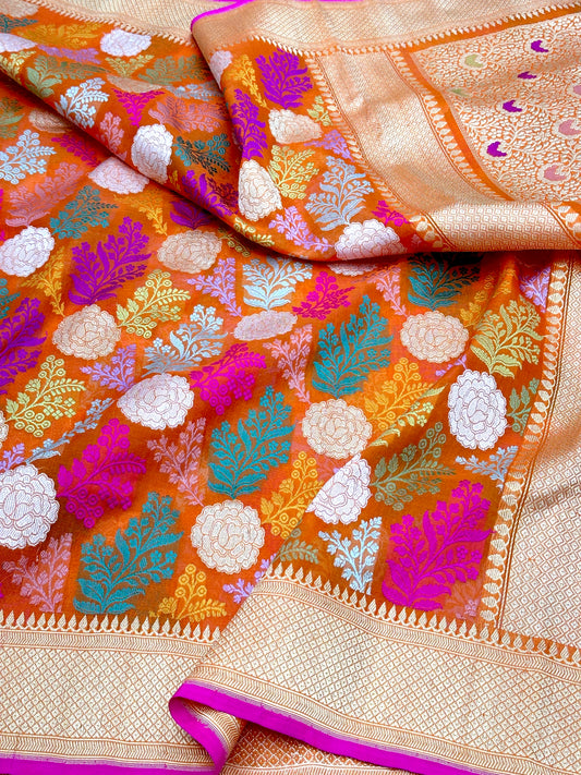 Orange Handloom Ektara Pure Banarasi Kora Organza Kadhwa Weave Saree