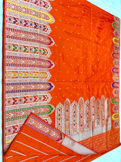 Orange Designer Handloom Pure Banarasi Katan by Katan Silk Kadhwa weave Saree