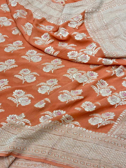 Orangish Peach Pure Banarasi Chiffon Georgette Cutwork weave dyeable Saree