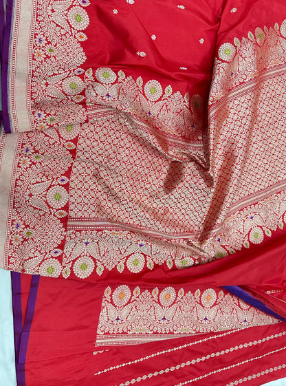 Red Handloom Pure Banarasi Katan by Katan Silk Kadhwa weave Saree