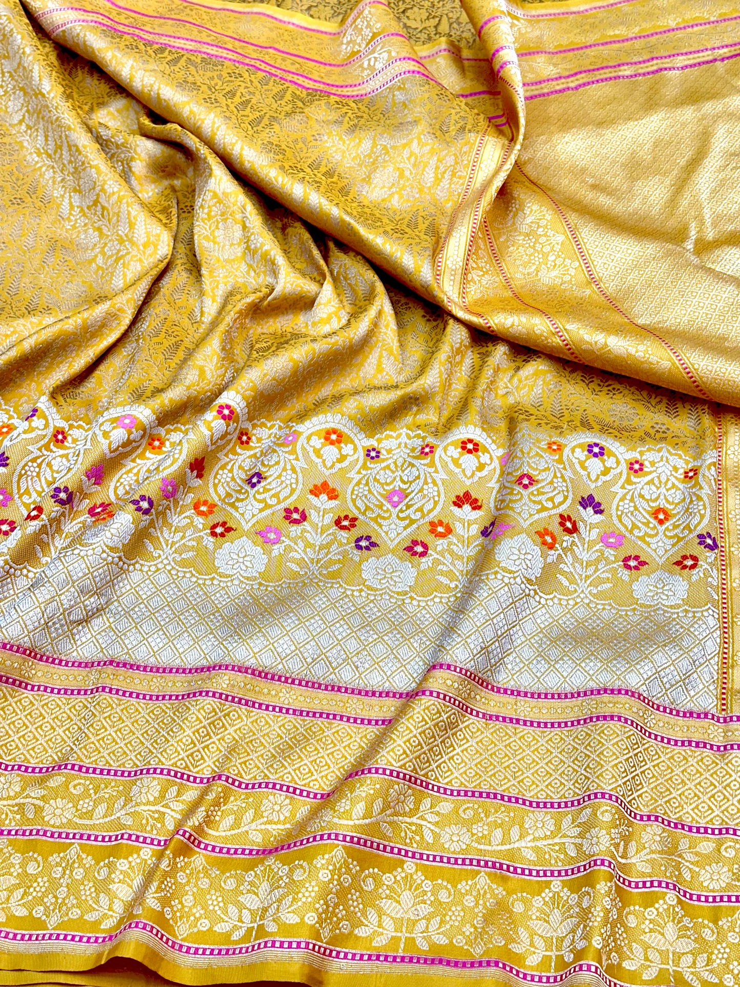 Mustard Yellow Designer Handloom Pure Banarasi Katan by Katan Silk Kadhwa weave Saree