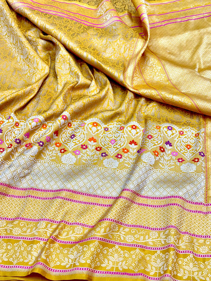 Mustard Yellow Designer Handloom Pure Banarasi Katan by Katan Silk Kadhwa weave Saree