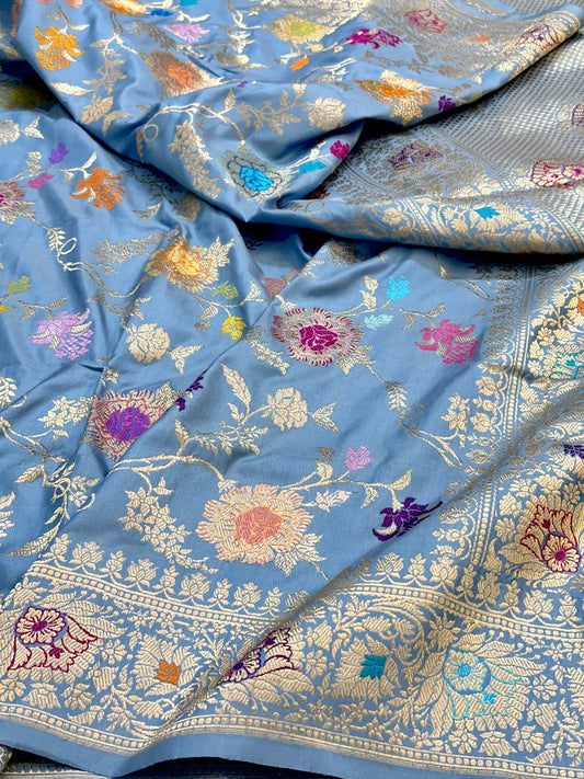 Sky Blue Handloom Pure Banarasi Katan by Katan Silk Saree