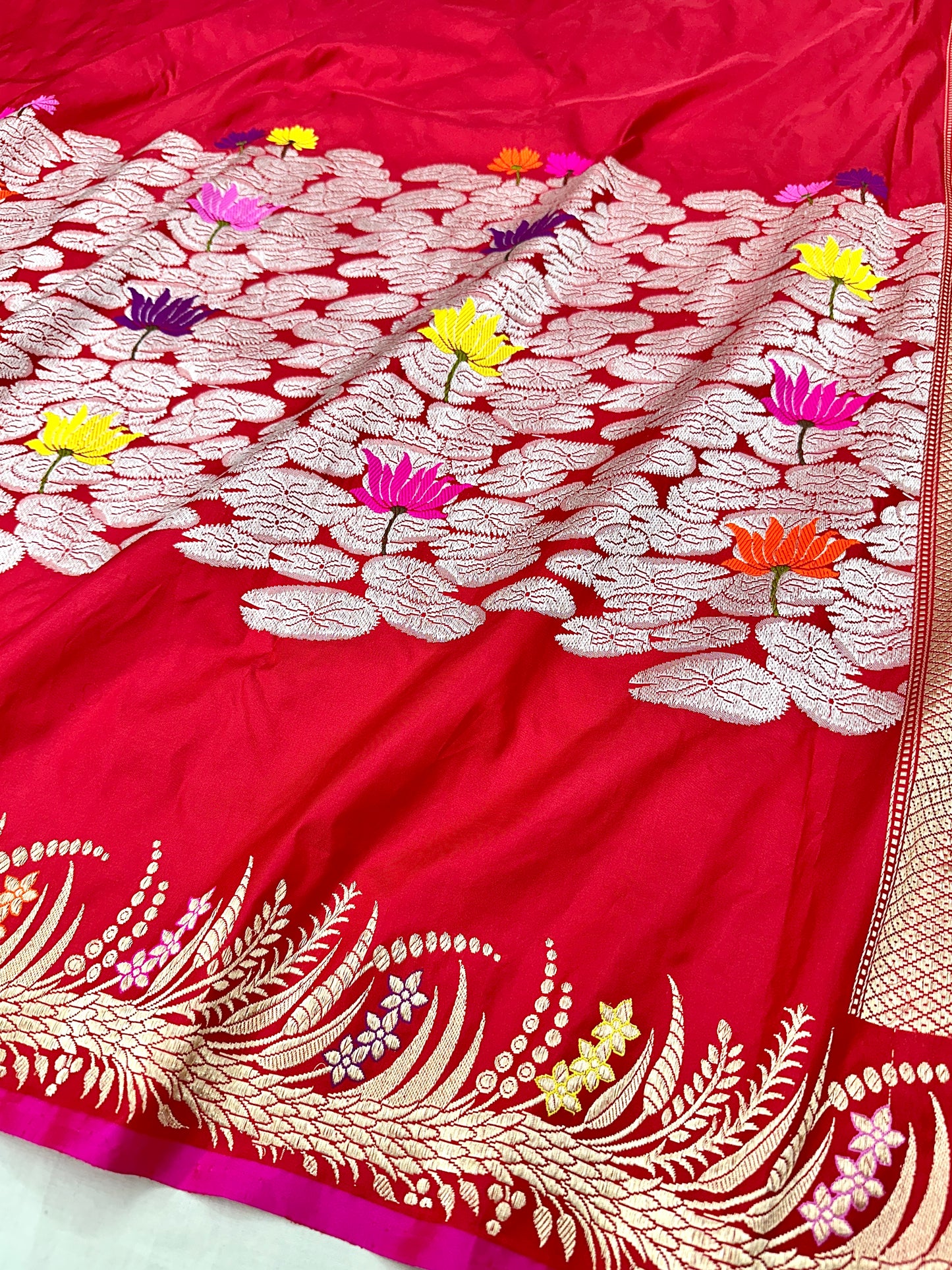 Red Skirt Pattern Designer Handloom Pure Banarasi Katan by Katan Silk Kadhwa weave Saree