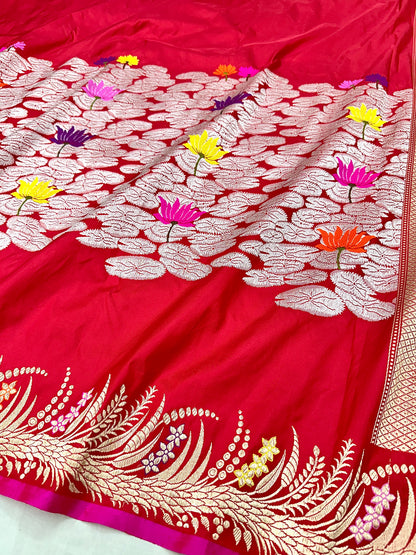 Red Skirt Pattern Designer Handloom Pure Banarasi Katan by Katan Silk Kadhwa weave Saree