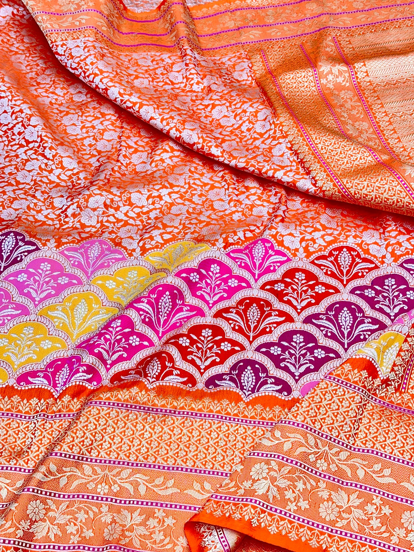 Orange Designer Handloom Pure Banarasi Katan by Katan Silk Kadhwa weave Saree