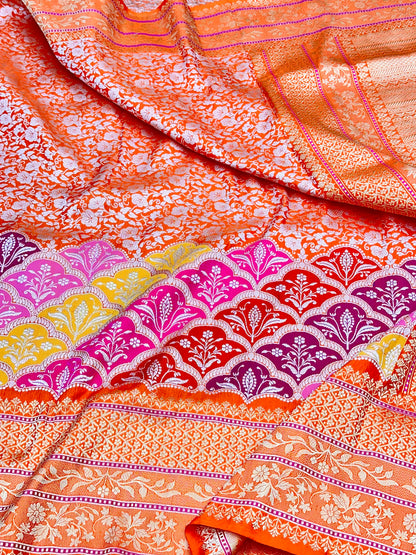 Orange Designer Handloom Pure Banarasi Katan by Katan Silk Kadhwa weave Saree