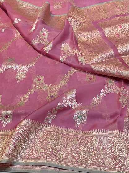 Gajri Pink Pure Handloom Banarasi Kora Organza  Ektara Kadhwa weave Saree