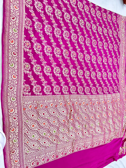 Rani Pink Banarasi Chiffon Georgette Cutwork weave dyeable Saree
