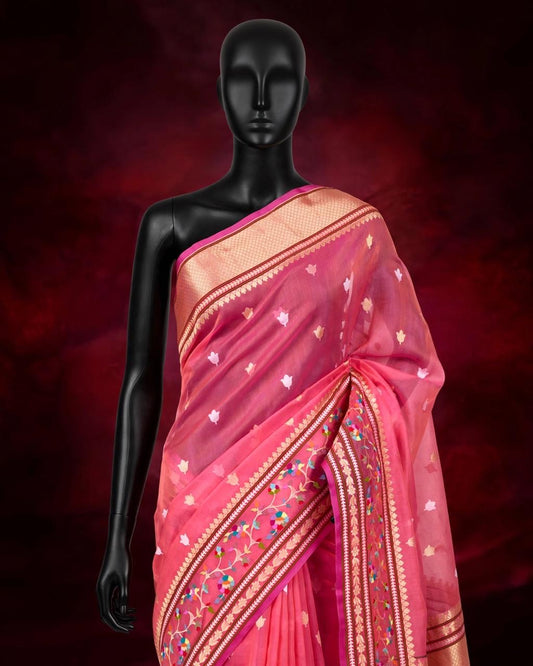 Fuchsia Pink Handloom Pure Banarasi Kora Organza Ektara Jamdani Kadhwa Weave Saree