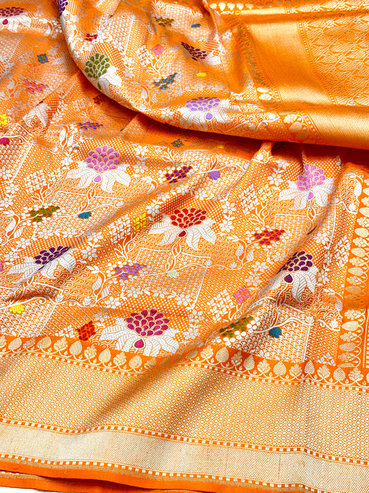 Orange Brocade jaal Handloom Pure Banarasi Katan by Katan Silk Saree