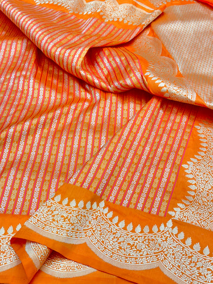 Orange stripes Scallop border Designer Handloom Banarasi Katan by Katan Silk Saree