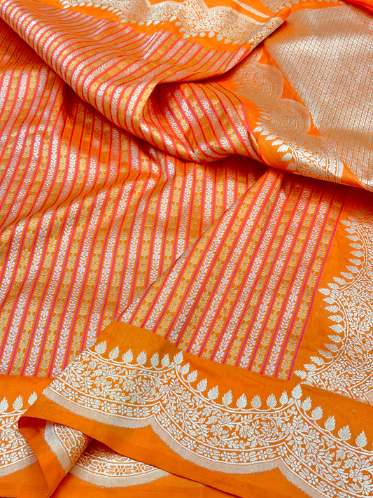 Orange stripes Scallop border Designer Handloom Banarasi Katan by Katan Silk Saree