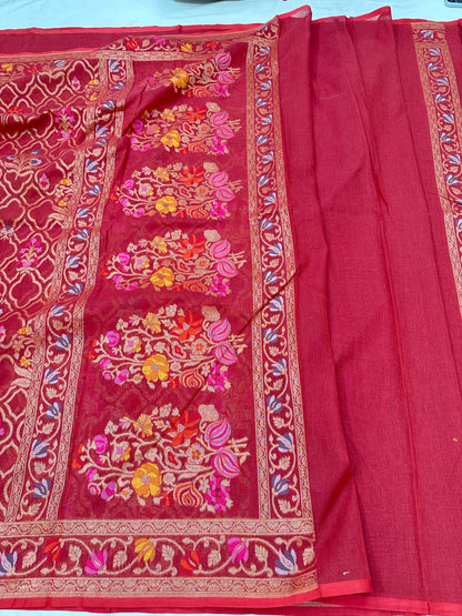 Strawberry Pure Banarasi Cotton Jamdani Cutwork weave Saree