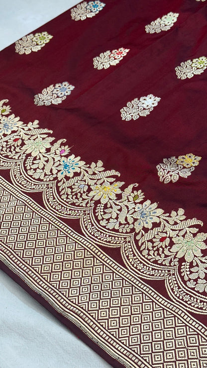 Maroon Designer Handloom Banarasi Katan by Katan Silk Saree
