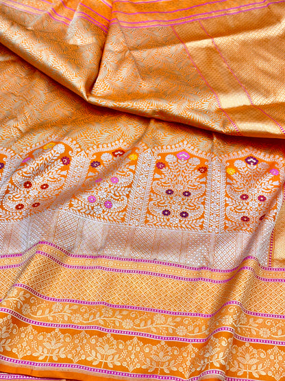 Orange Skirt Pattern Designer Handloom Banarasi Katan by Katan Silk Saree