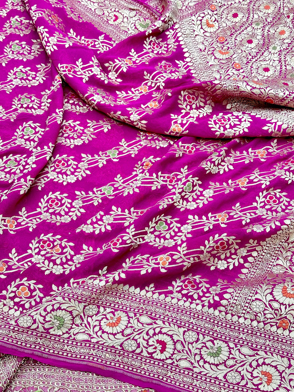Rani Pink Banarasi Chiffon Georgette Cutwork weave dyeable Saree