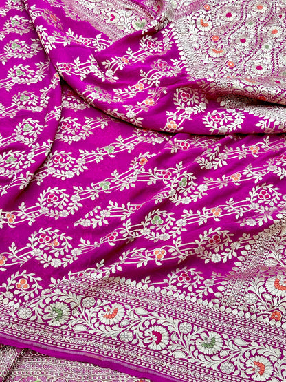 Rani Pink Banarasi Chiffon Georgette Cutwork weave dyeable Saree