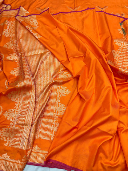 Fanta Orange designer Pure Handloom Banarasi Katan by Katan Silk Ektara Kadhwa weave Saree
