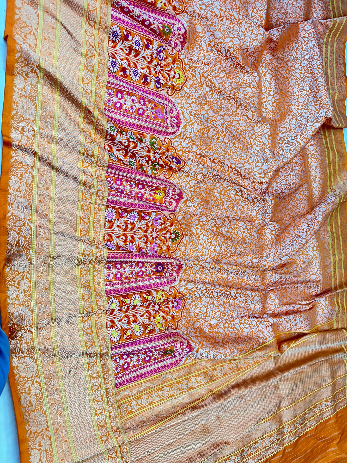 Orange Skirt Pattern Designer Handloom Pure Banarasi Katan by Katan Silk Kadhwa weave Saree