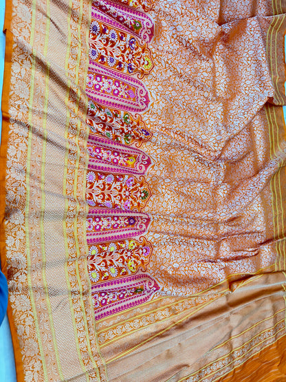 Orange Skirt Pattern Designer Handloom Pure Banarasi Katan by Katan Silk Kadhwa weave Saree