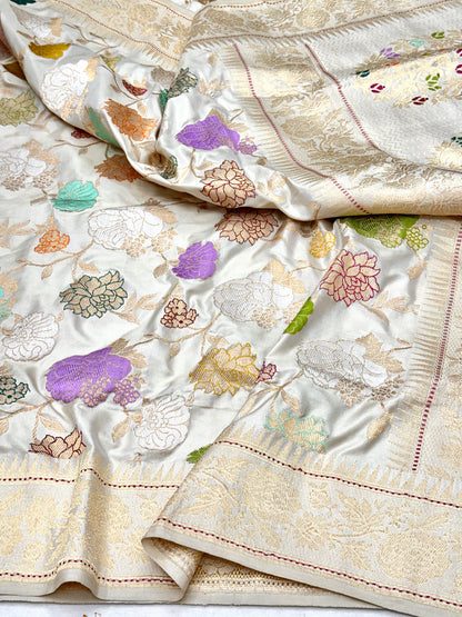 Ivory white Ektara Mulberry Pure Handloom Banarasi Katan by Katan Silk Kadhwa weave Saree
