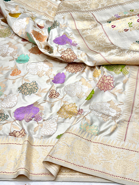 Ivory white Ektara Mulberry Pure Handloom Banarasi Katan by Katan Silk Kadhwa weave Saree