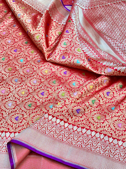 Red Designer Handloom Pure Banarasi Katan by Katan Silk Kadhwa weave Brocade Saree