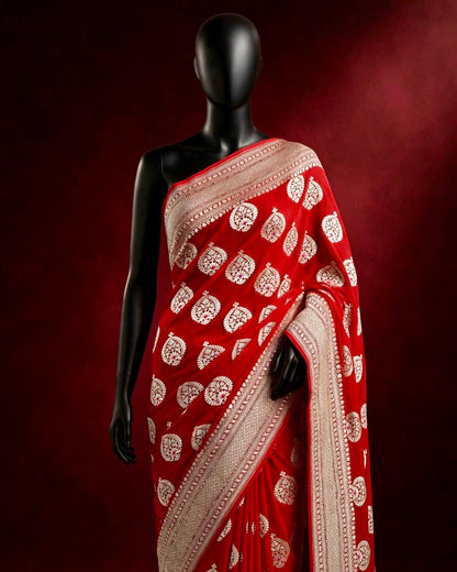 Red Pure Banarasi Chiffon Georgette Cutwork weave dyeable Saree