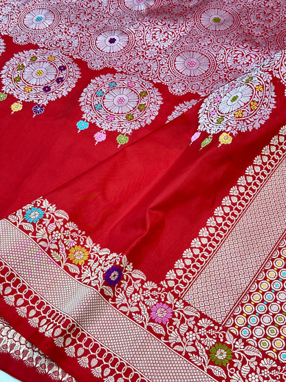 Red Designer Handloom Pure Banarasi Katan by Katan Silk Kadhwa weave Saree
