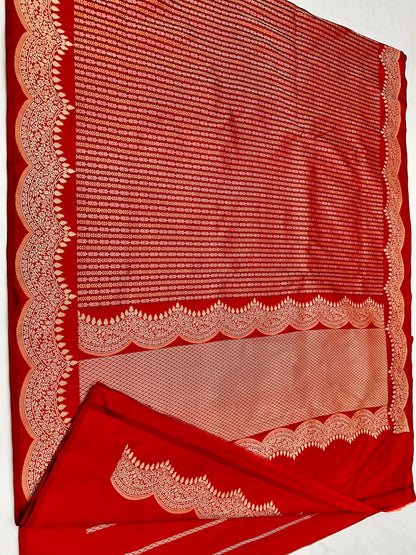 Red Stripes Scallop border Designer Handloom Pure Banarasi Katan by Katan Silk Kadhwa Weave Saree