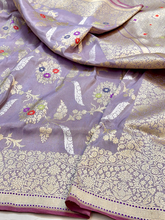 Lavender Handloom Pure Banarasi kadhwa weave Tissue Silk Saree