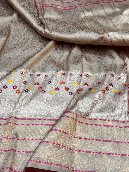 Ivory skirt Pattern Designer Handloom Banarasi Katan by Katan Silk Saree