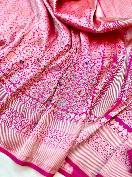 Rani Pink Designer Handloom Pure Banarasi Katan by Katan Silk Kadhwa weave Brocade Saree