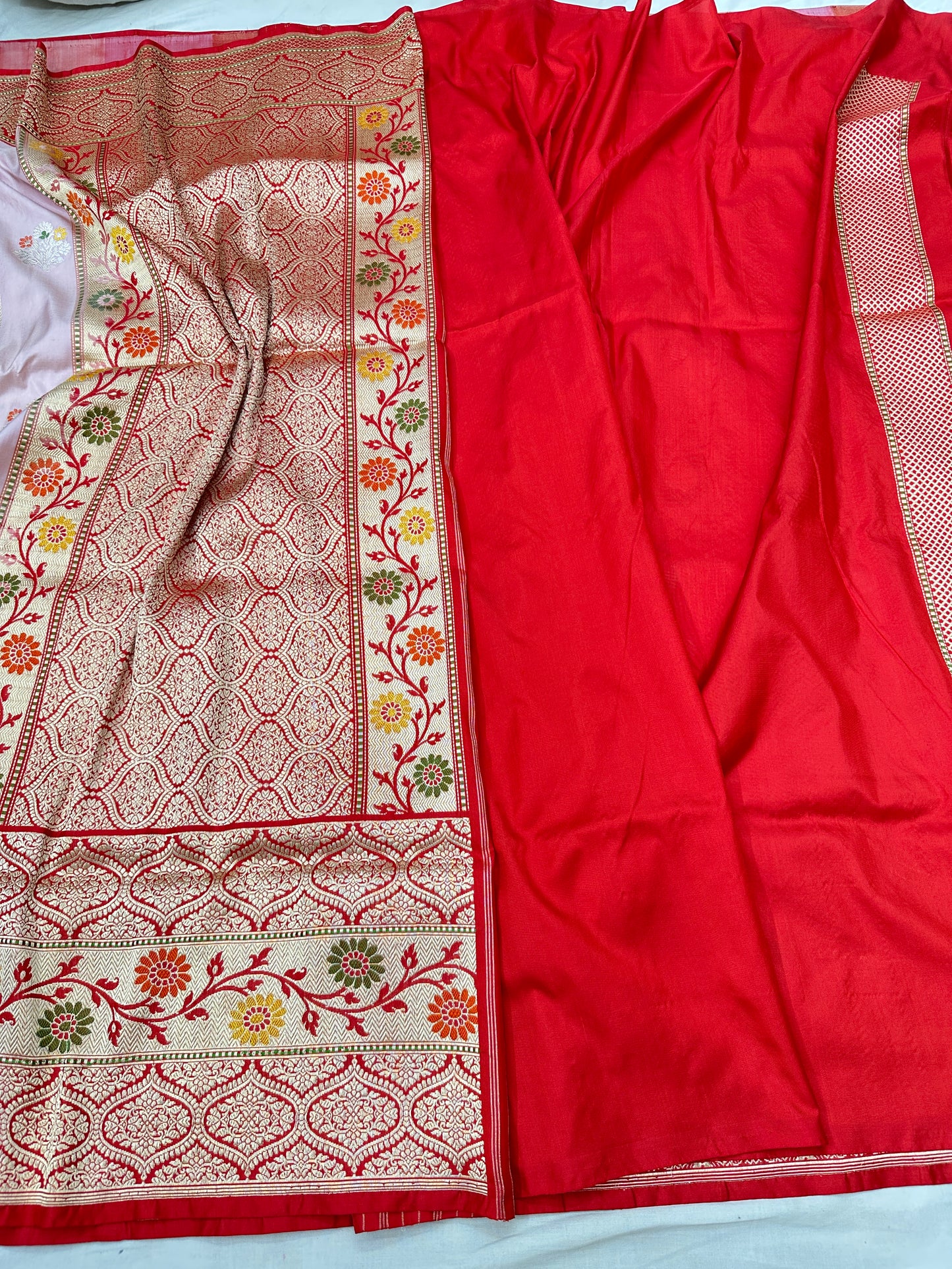 Half white Skirt Pattern Designer Handloom Pure Banarasi Katan by Tissue Silk Kadhwa weave Saree