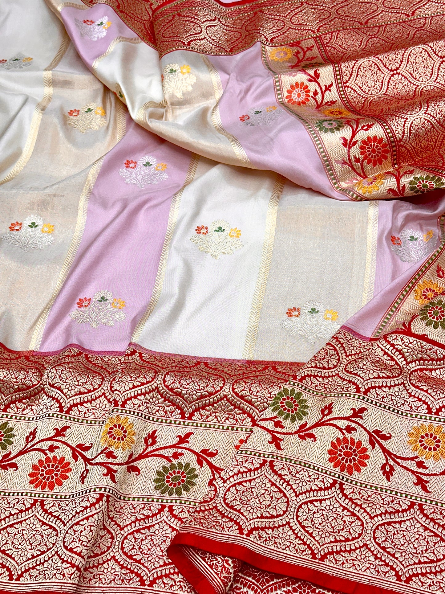Half white Skirt Pattern Designer Handloom Pure Banarasi Katan by Tissue Silk Kadhwa weave Saree