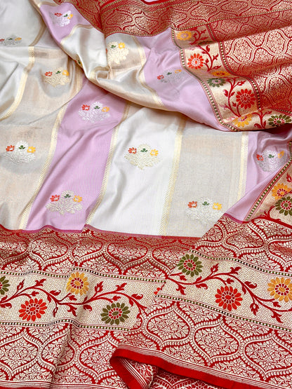 Half white Skirt Pattern Designer Handloom Pure Banarasi Katan by Tissue Silk Kadhwa weave Saree